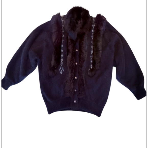 Vintage Black Fur-Trimmed Embellished Button Cardigan Sweater Size Large - Picture 1 of 11